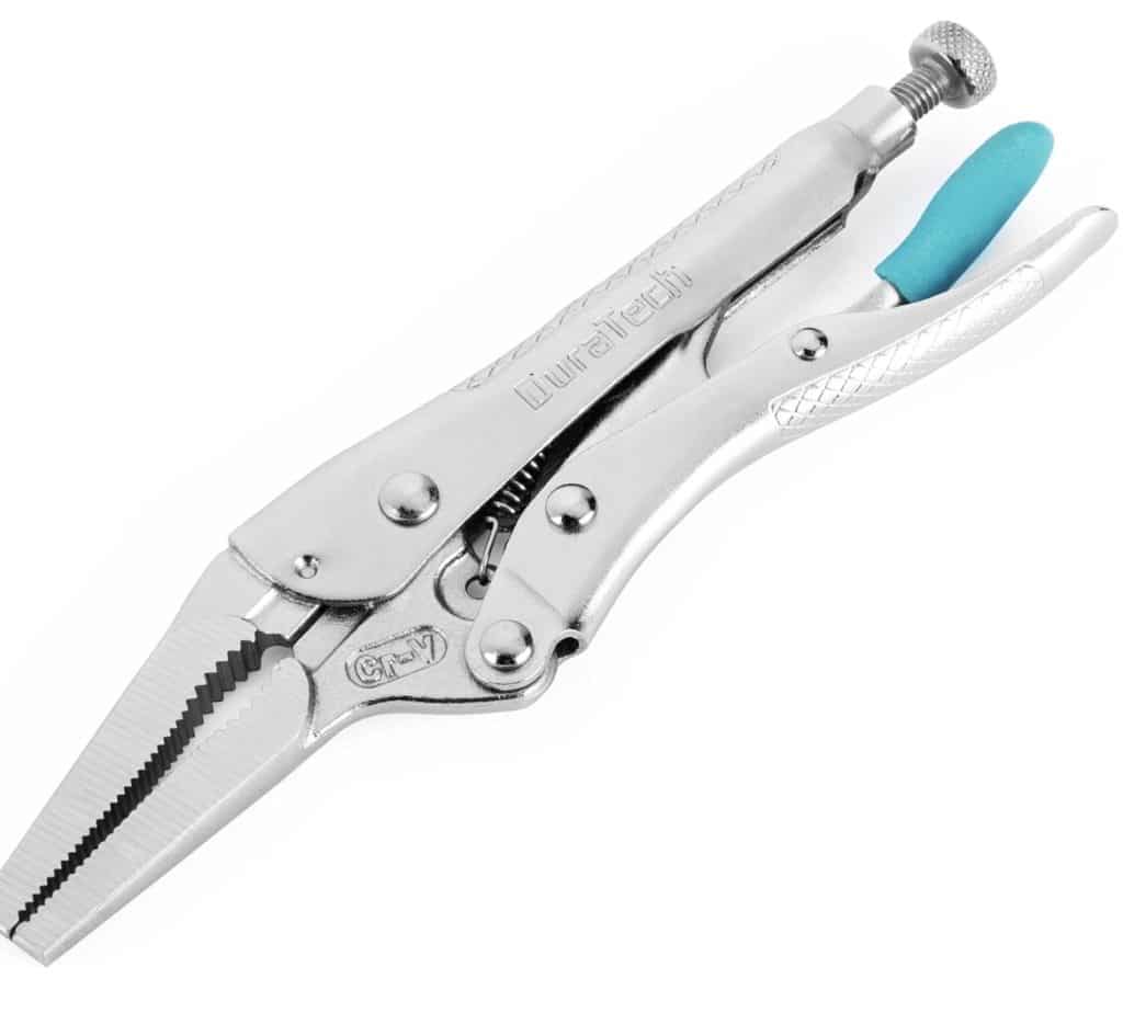 A chrome locking plier with serrated jaws and blue handle grips, featuring an adjustable screw for tightening and a release lever—ideal for beaded garden stakes DIY projects.